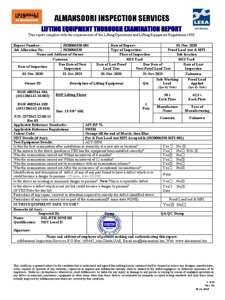 Lifting Equipment Inspection Report | PDF | Legal Liability ...