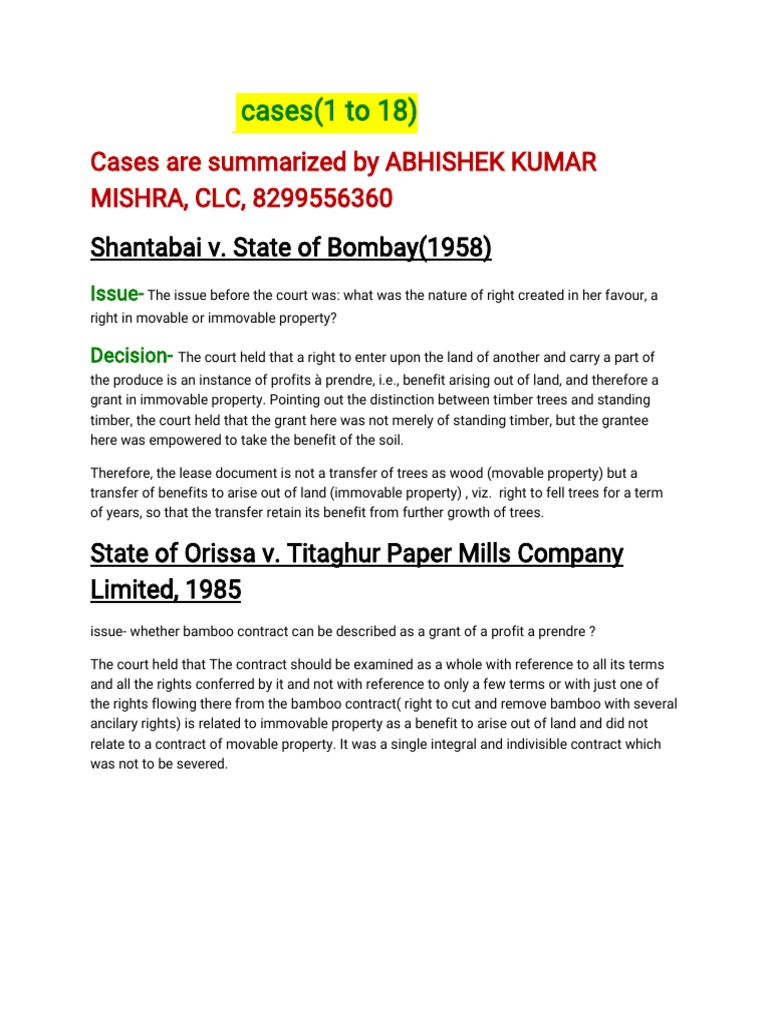 Summary of Key Property Law Cases on the Distinction between Movable