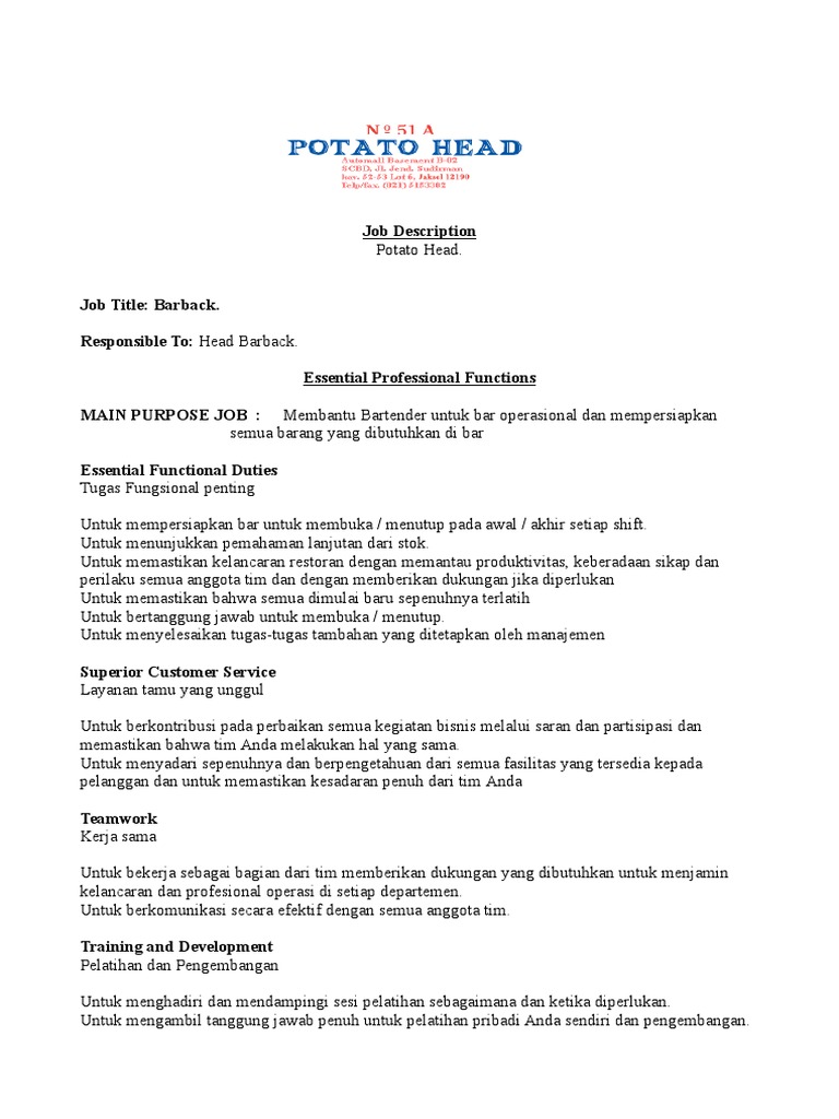 Bar Back Job Description Indo PDF