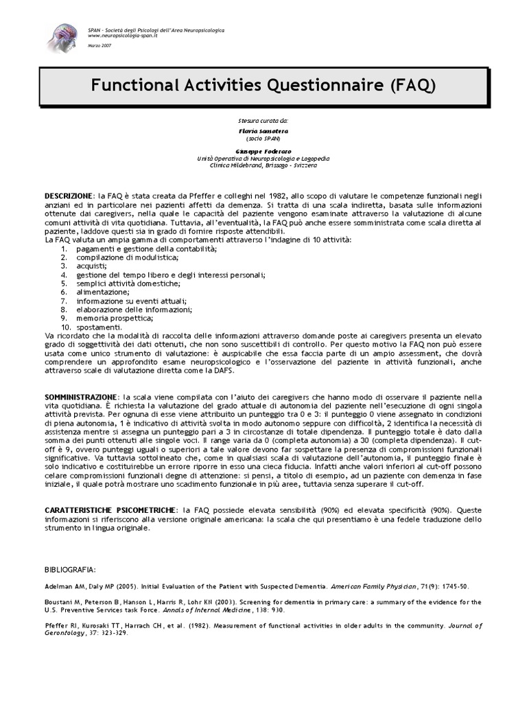Functional Activities Questionnaire (FAQ) (Pfeffer Et Al., 1982) | PDF