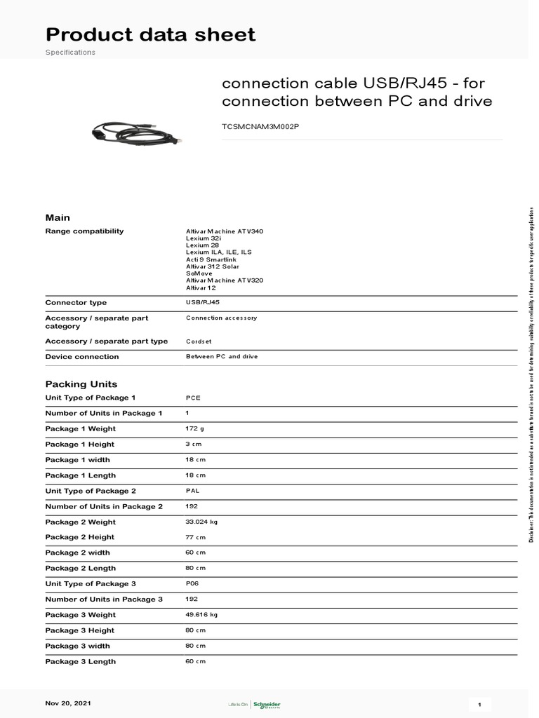Product Data Sheet Connection Cable USB/RJ45 For Connection Between
