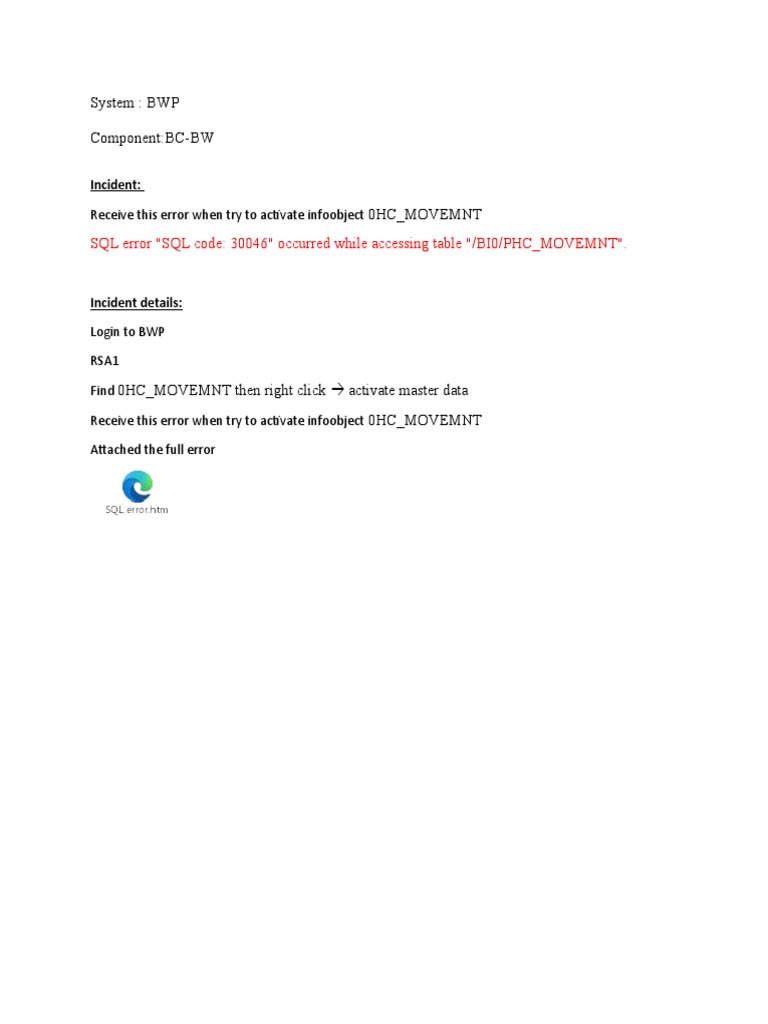 SQL Error When Activate Master Data - SAP Ticket | PDF