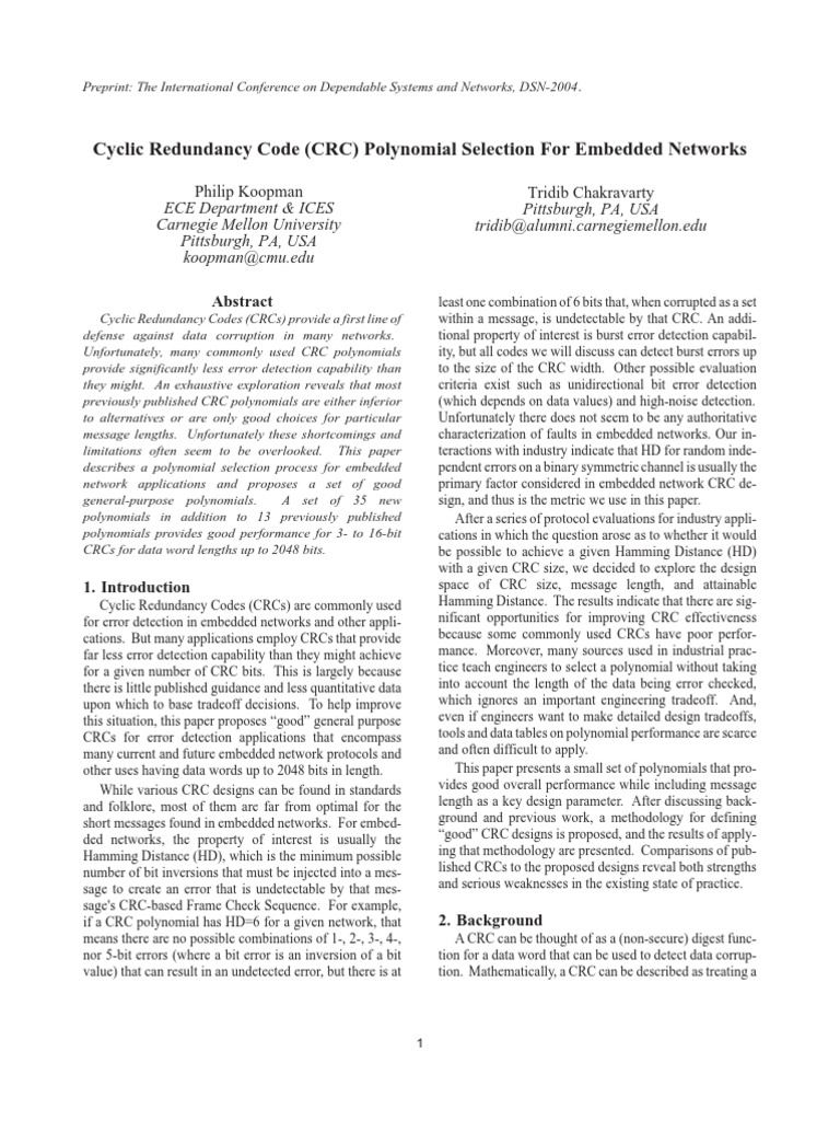 Optimal CRC Polynomial Selection | PDF | Error Detection And Correction ...