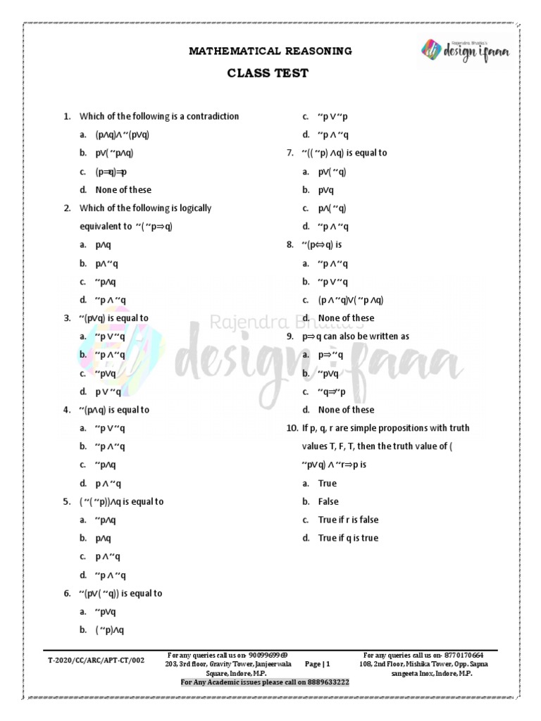 Mathematical Reasoning Class Test Questions | PDF | Philosophical ...