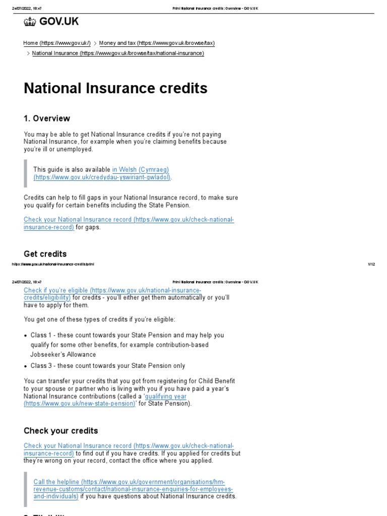 Print National Insurance Credits - Overview - GOV - UK | PDF