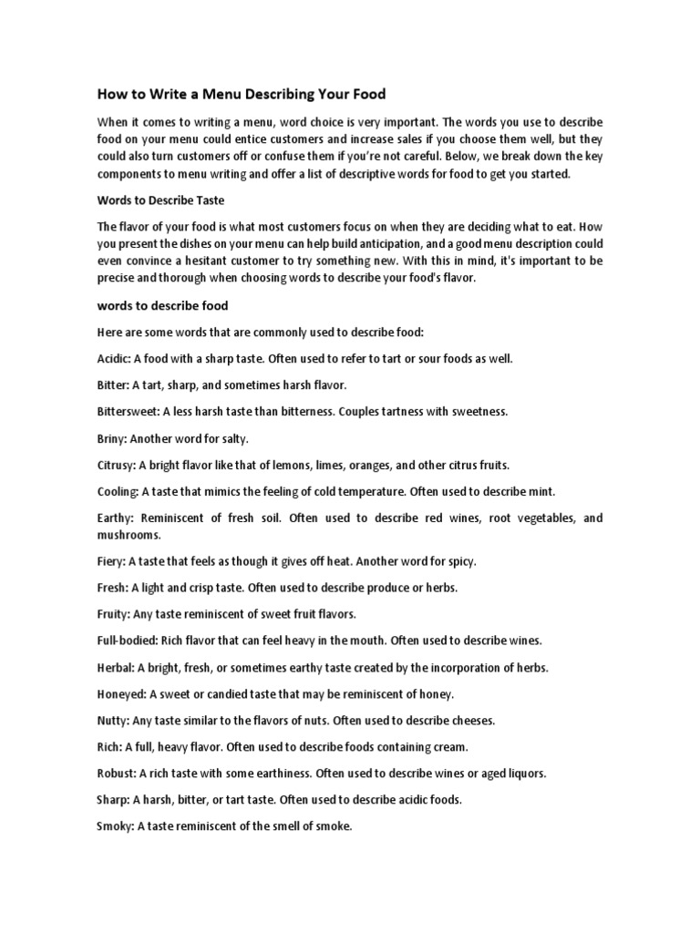 How To Write A Menu Describing Your Food PDF Taste Grilling