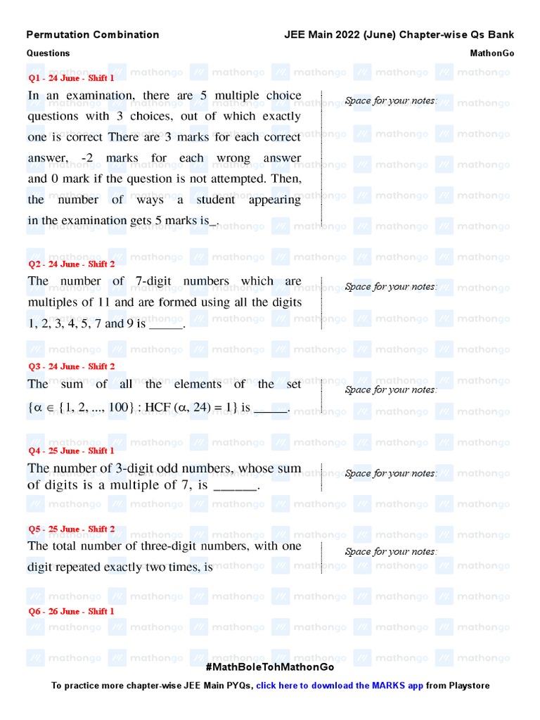 Permutation Combination JEE Main 2022 Chapter Wise Questions by