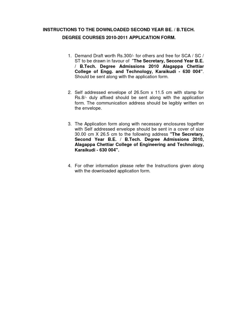 Lateral Entry Engg Admission 2010 Application Form and Instructions | PDF