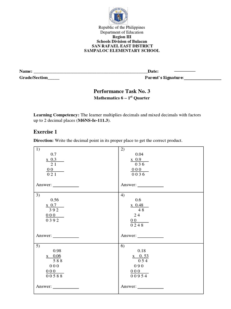 Grade 6 Math Performance Task 1 | PDF | Mathematics | Teaching Mathematics