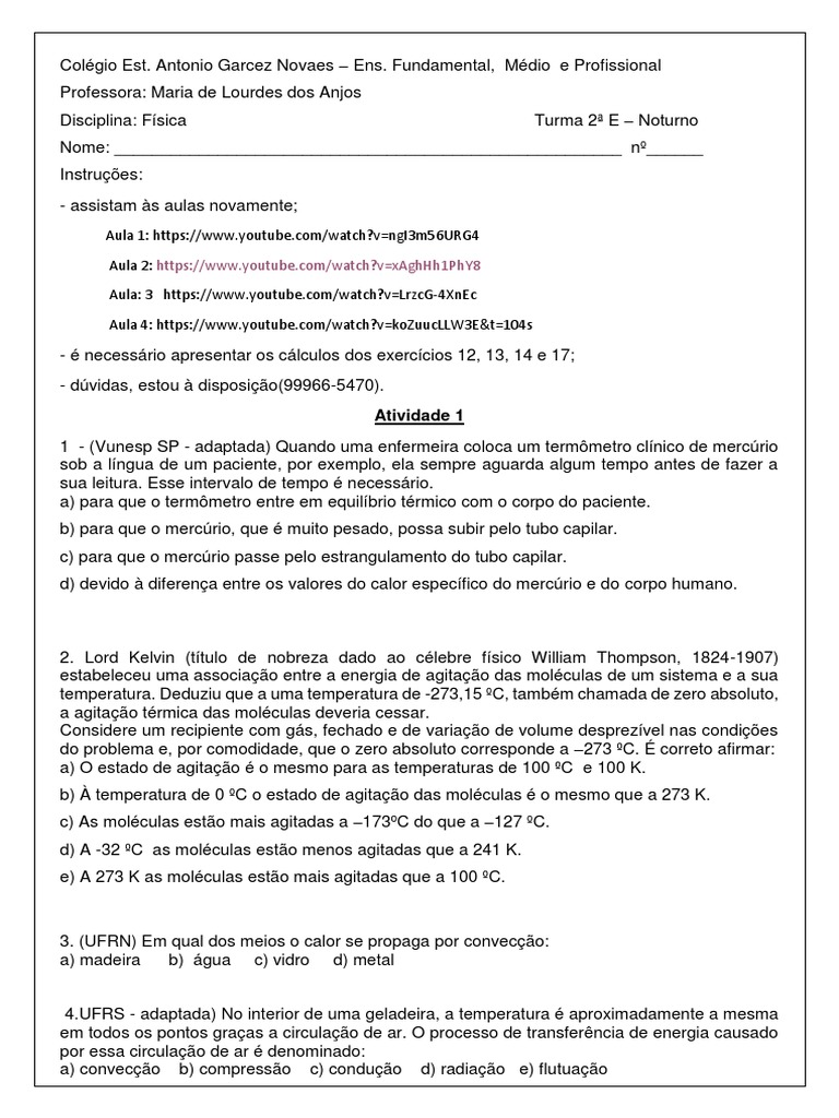 Atividades sobre Calor e Temperatura | PDF | Calor | Temperatura