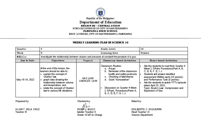 Science 10 Weekly Learning Plan: Week 3 | PDF | Gases | Learning