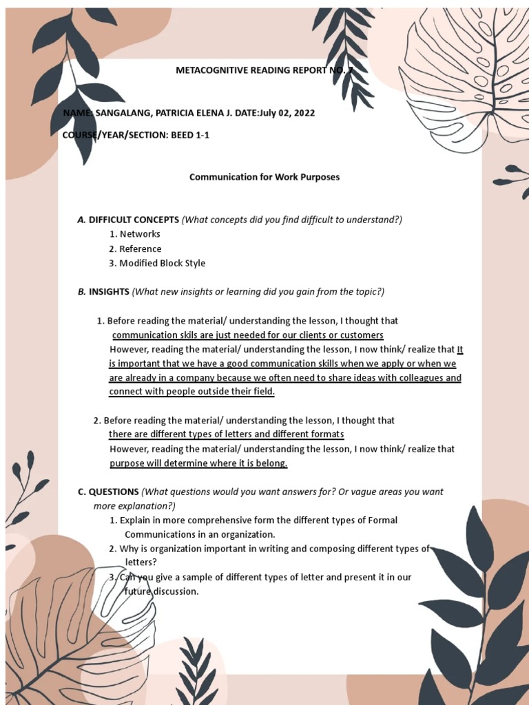 Metacognitive Reading Report No. 7 A. DIFFICULT CONCEPTS (What