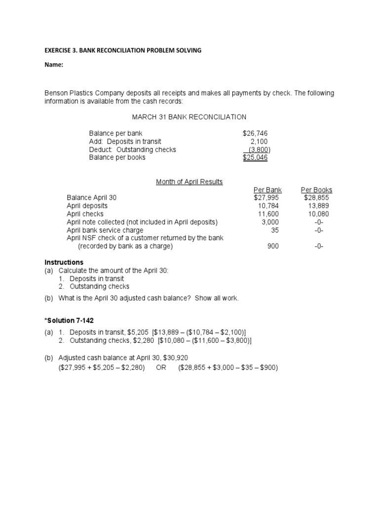 Bank Reconciliation Exercise for April | PDF