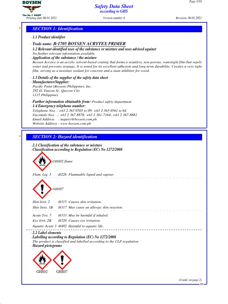 B1705 Boysen Acrytex Primer PDF Toxicity Dangerous Goods