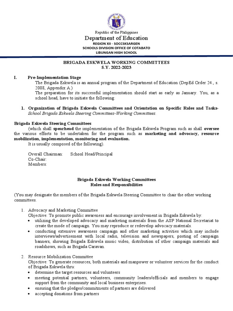 Brigada Eskwela 2025 Committee Guidelines | PDF | Marketing | Economies