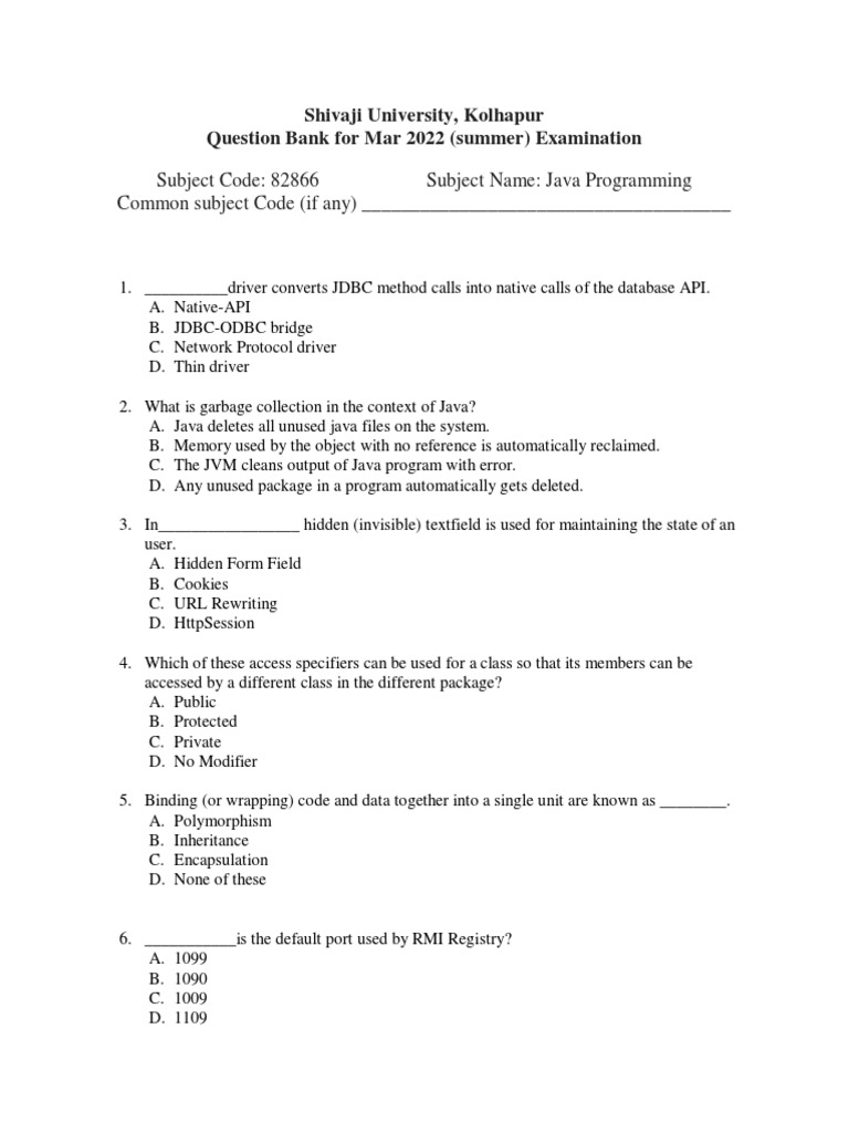 Subject Code: 82866 Subject Name: Java Programming Common Subject Code ...