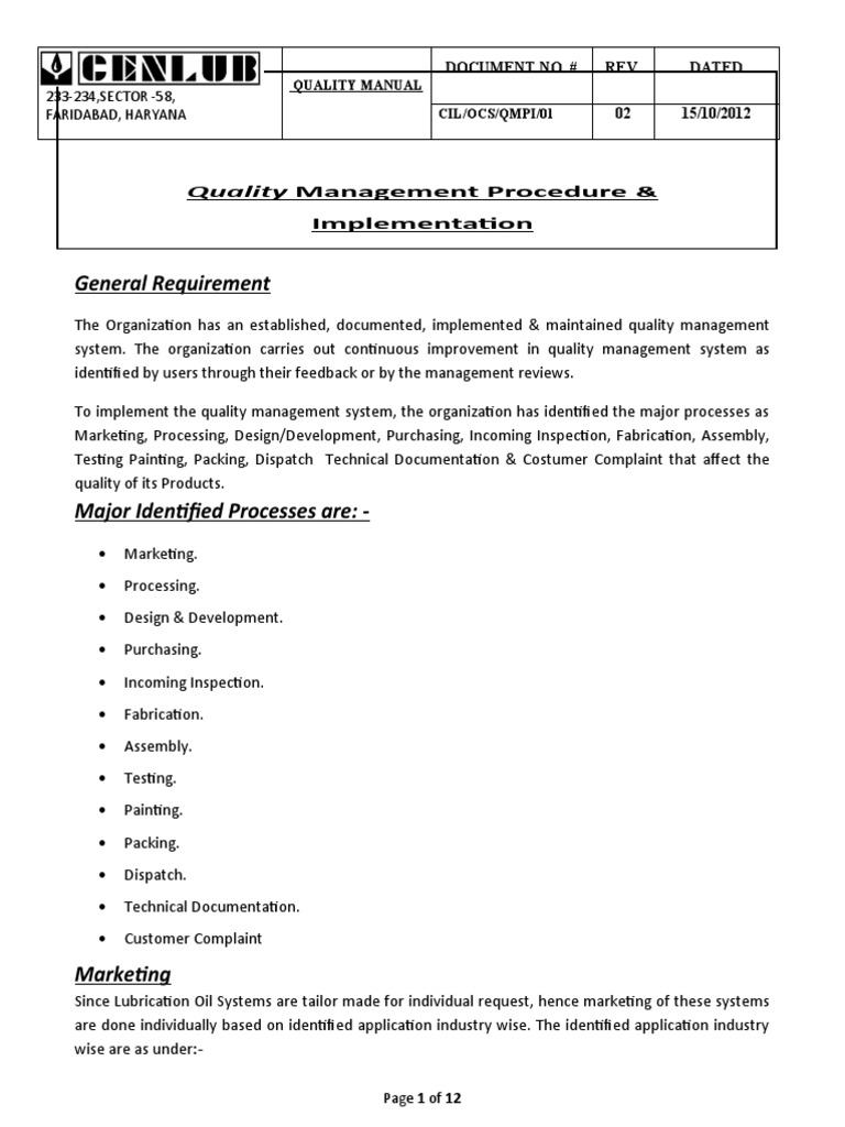 Quality Management Procedure PDF Specification (Technical Standard