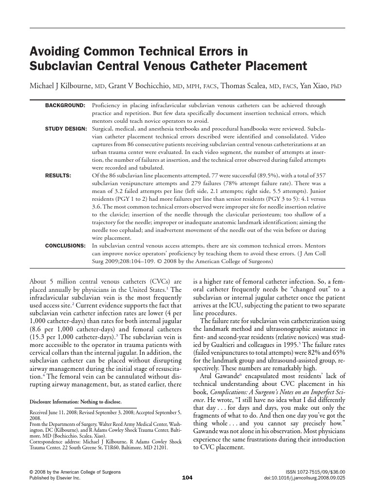 Avoiding Common Technical Errors in Subclavian Central Venous Catheter ...