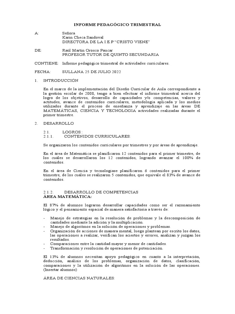 Informe Pedagógico Trimestral 2022 | PDF | Plan de estudios | Science