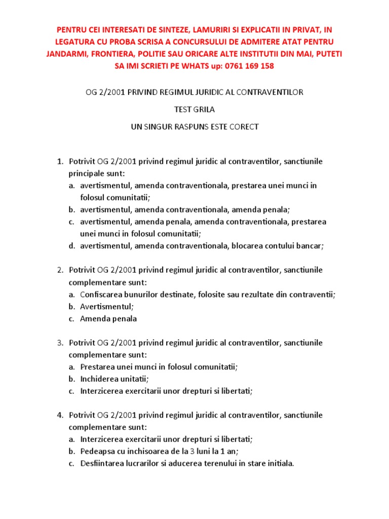 Test Grila Og 2 2001 Privind Regimul Juridic Al Contraventilor | PDF
