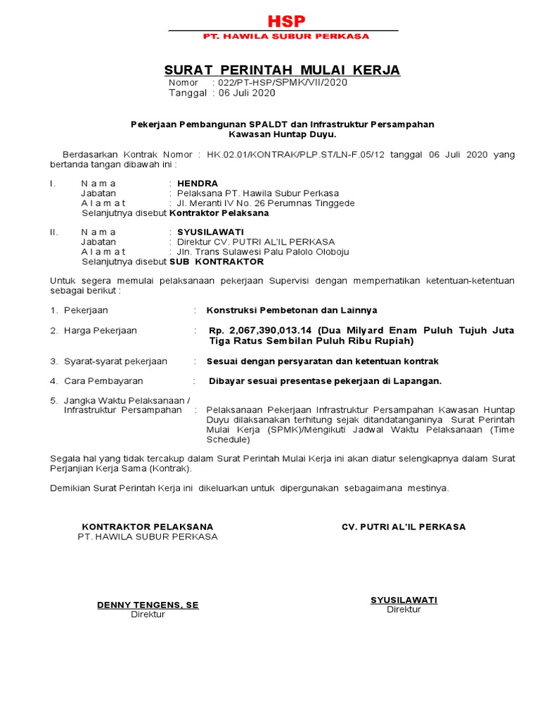 Surat Perintah Mulai Kerja SPALDT | PDF | Teknologi & Rekayasa