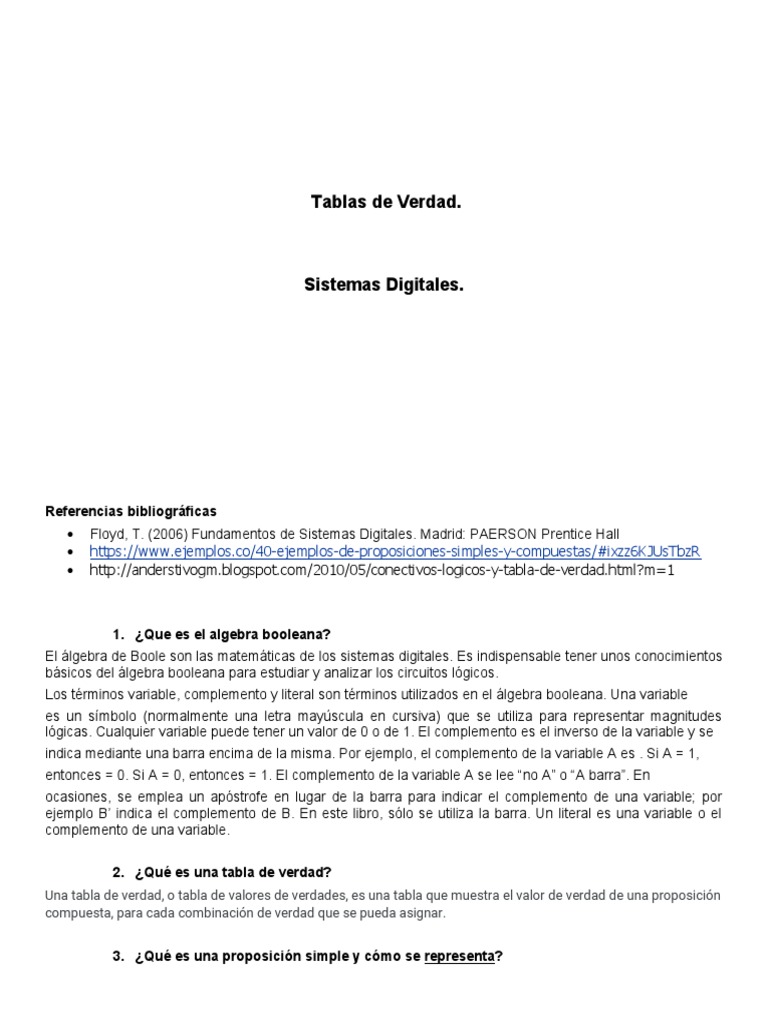 Tablas de Verdad Sistemas Digitales PDF Álgebra de Boole