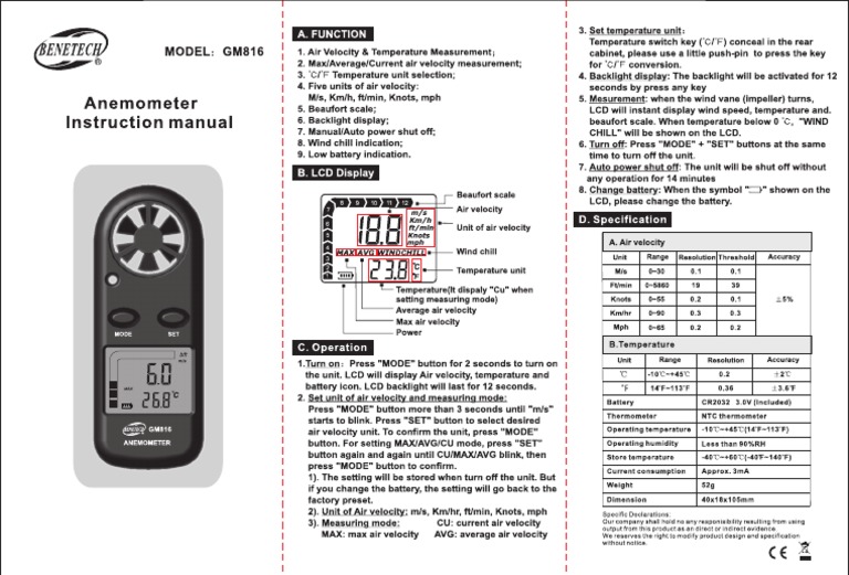 Manual de Instrucciones Anemometro GM816 PDF