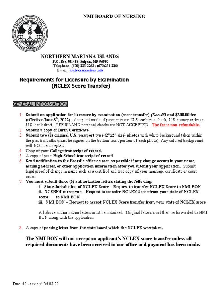 Requirements for Licensure by Examination Through NCLEX Score Transfer