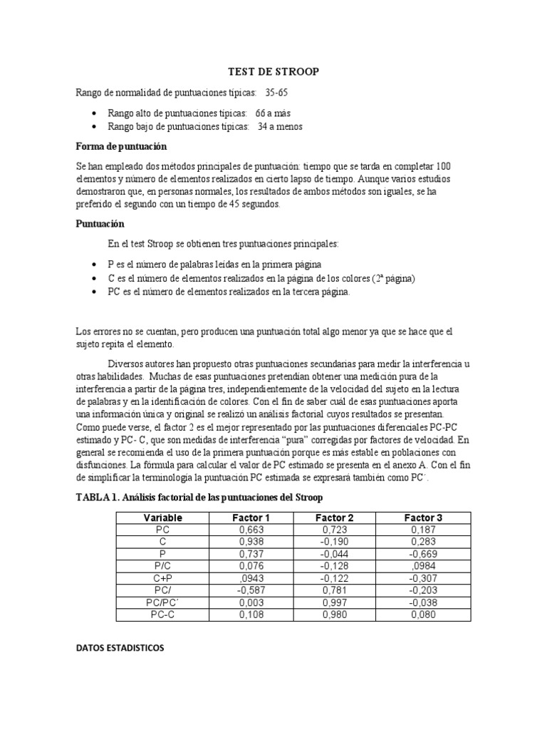Análisis y Puntuación del Test de Stroop | PDF | Hemisferio cerebral ...
