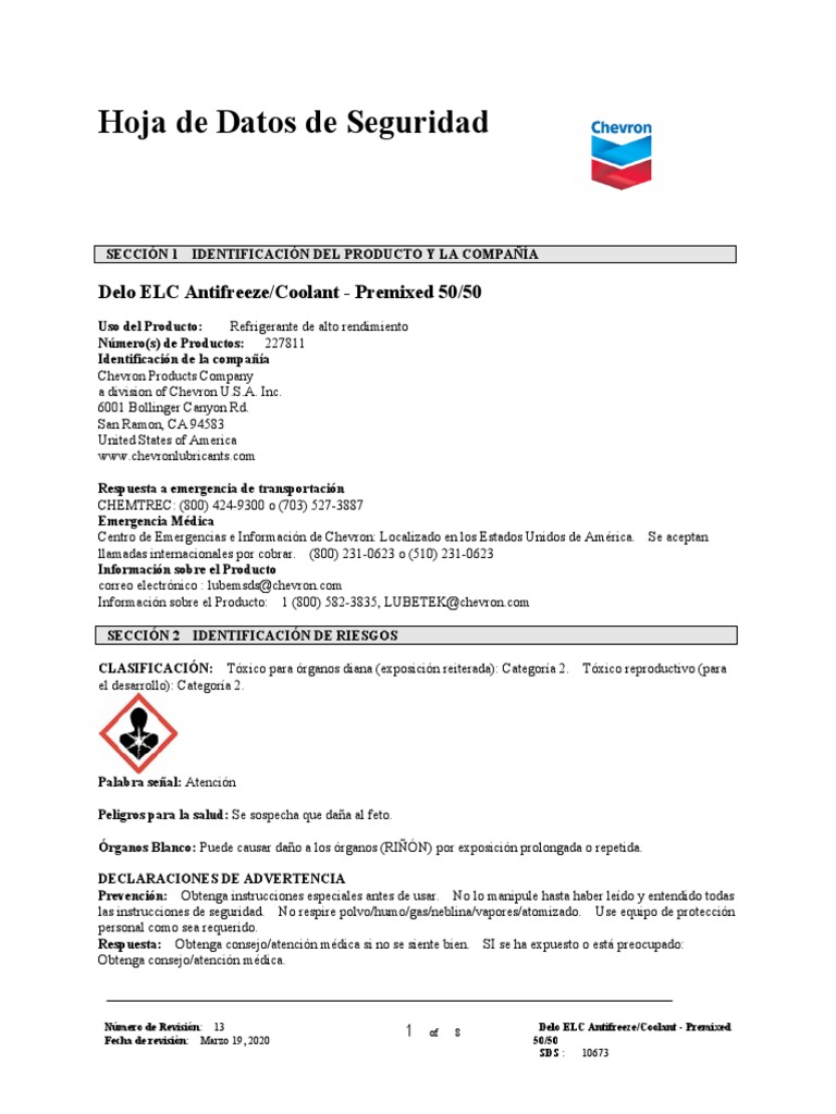 MSDS Antifreeze Coolant Premixed PDF Agua Toxicidad