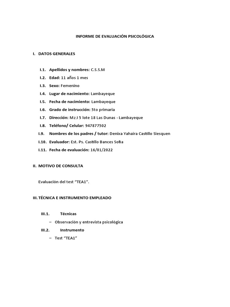 Informe de Test Tea 1 S.M.C.S PDF Cociente de inteligencia