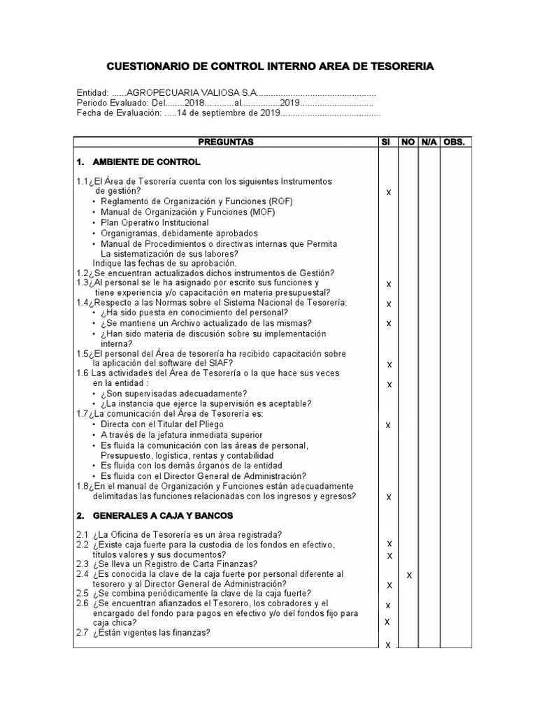 Cuestionario de Control Interno Tesorería | PDF | Contabilidad ...