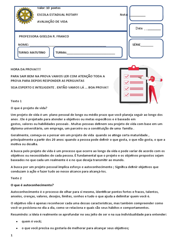 Prova Projeto de Vida 8º e 9º Ano | PDF | Emoções | Sentimento