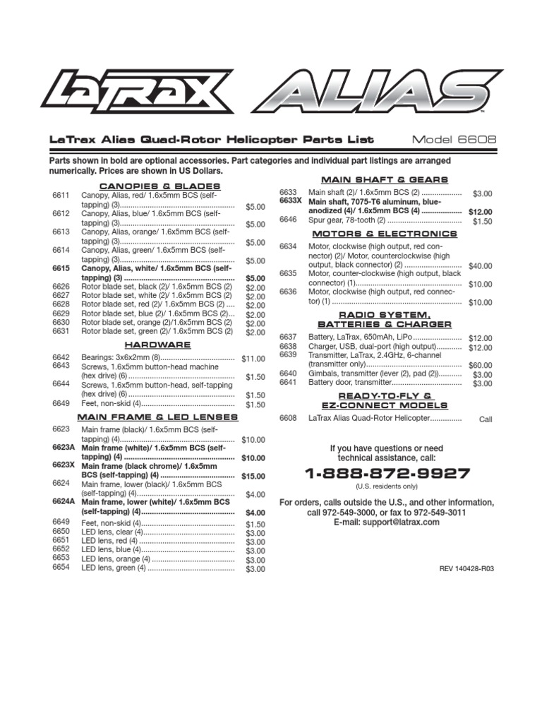 Latrax Alias QuadRotor Helicopter Parts List Model 6608 PDF