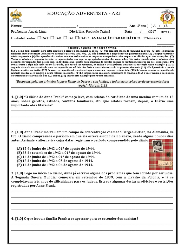 Atividades sobre o Diário de Anne Frank | PDF | Anne Frank