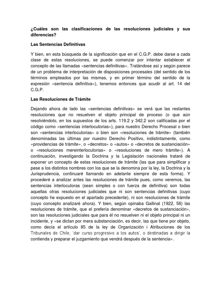 Cuáles Son Las Clasificaciones de Las Resoluciones Judiciales y Sus