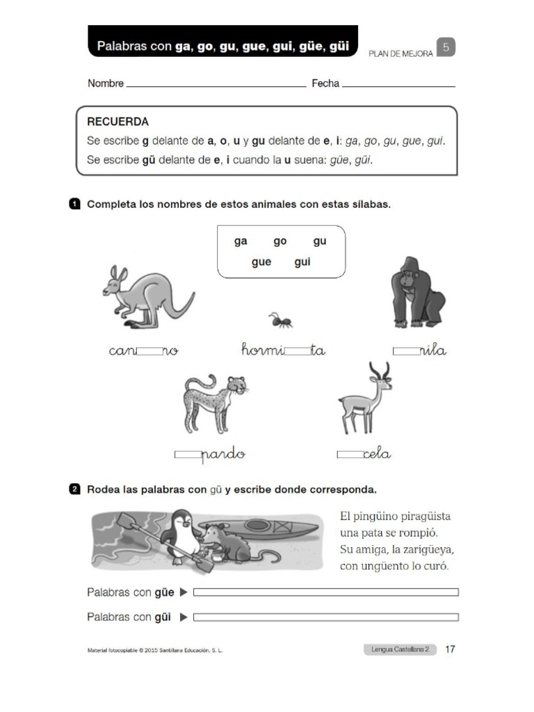 Palabras Con Ga Go Gu Güe Güi Gue Gui - 2° | PDF
