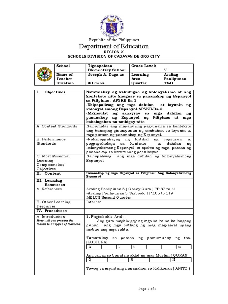 Sample Of A Lesson Exemplar Pdf