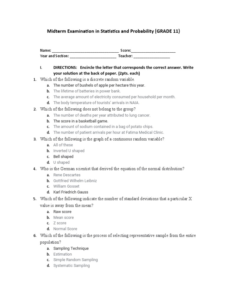 Grade 11 Statistics Midterm Exam | PDF | Statistical Hypothesis Testing ...