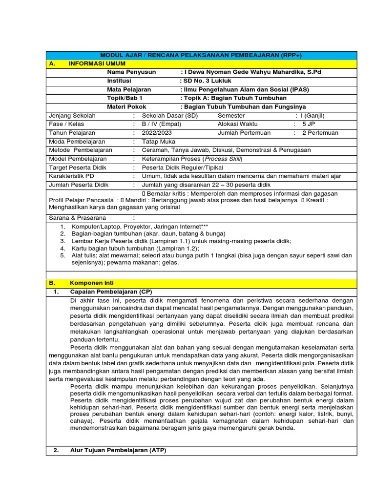 RPP Bagian Tubuh Tumbuhan Kelas 4 | PDF