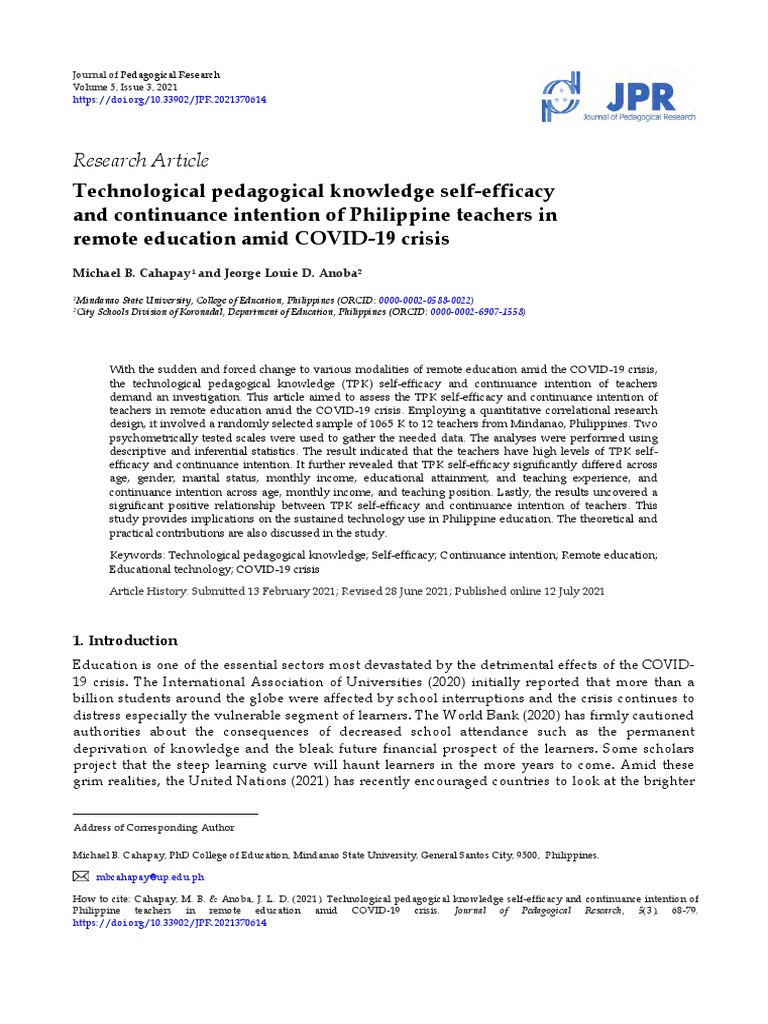 Teacher TPK Self-Efficacy in Remote Education | PDF | Self Efficacy ...