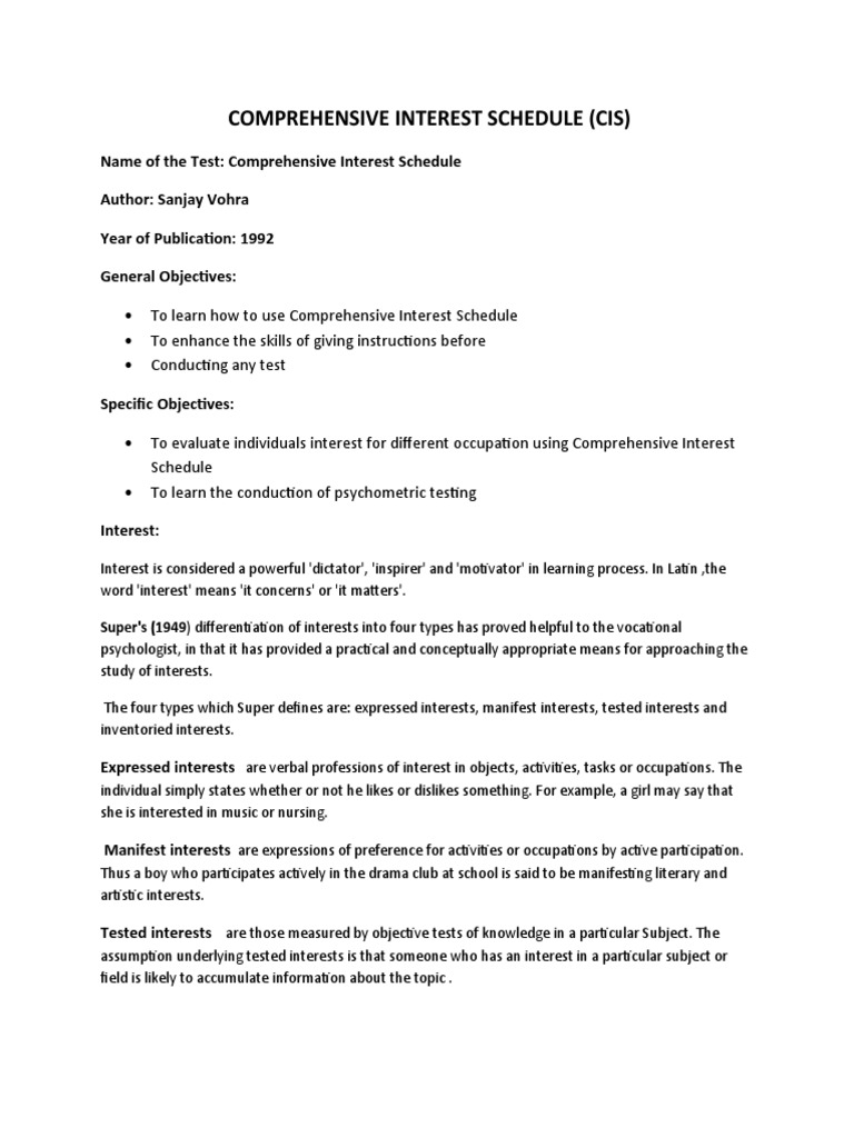 Comprehensive Interest Schedule (Cis) | Download Free PDF | Psychology ...