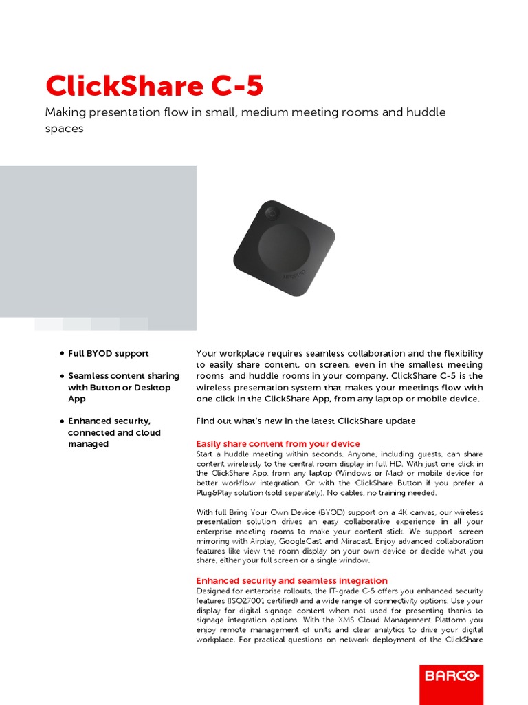 Clickshare C-5: Making Presentation Flow in Small, Medium Meeting Rooms ...