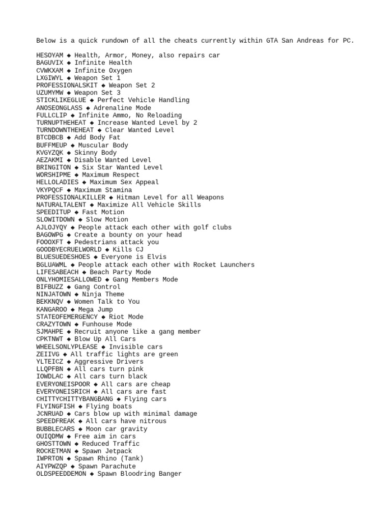 GTA San Andreas Cheat Codes | PDF | Transport | Vehicles