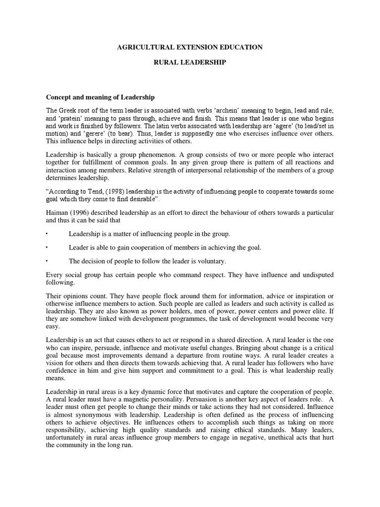 Agricultural Extension Education Rural Leadership PDF Leadership