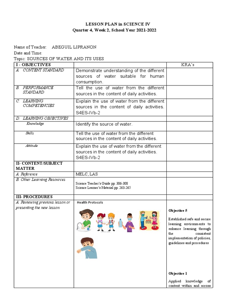Grade 4 Science Lesson Plan: Water Sources | PDF | Teaching Method ...