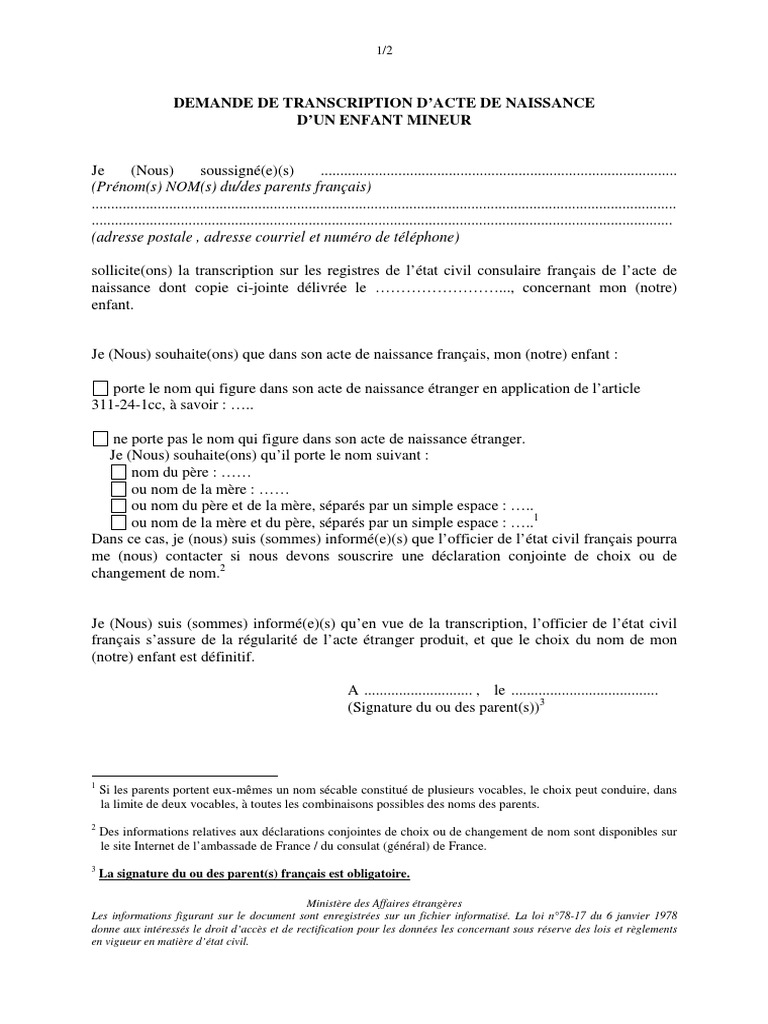 Demande de transcription acte de naissance | PDF | Certificat de ...