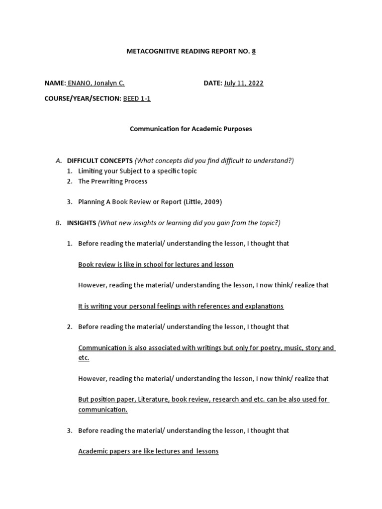 Metacognitive Reading Report No. 8 A. DIFFICULT CONCEPTS (What