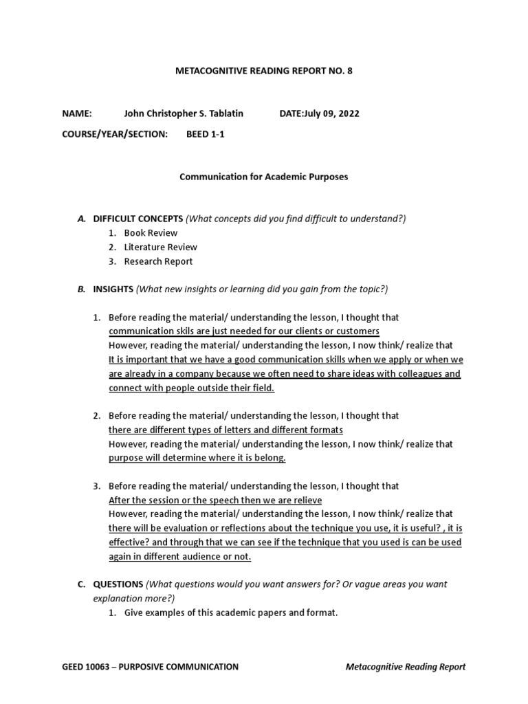 Metacognitive Reading Report No. 8 A. DIFFICULT CONCEPTS (What