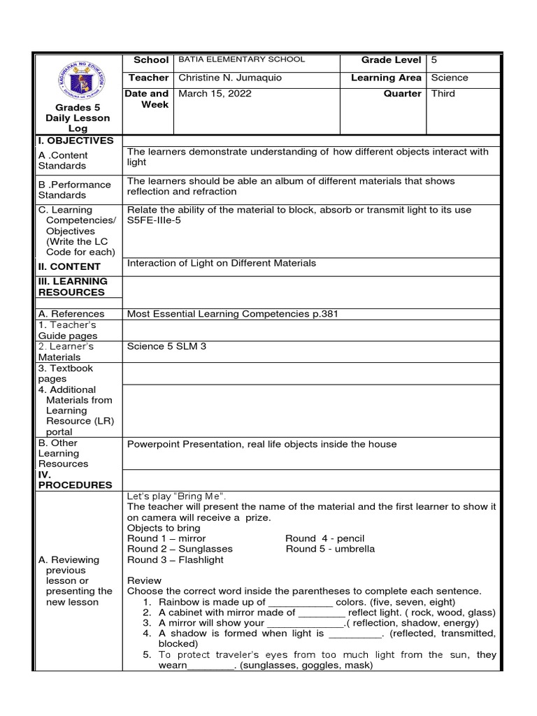 Grade 5 Science Lesson on Light Interaction | PDF | Light | Reflection ...